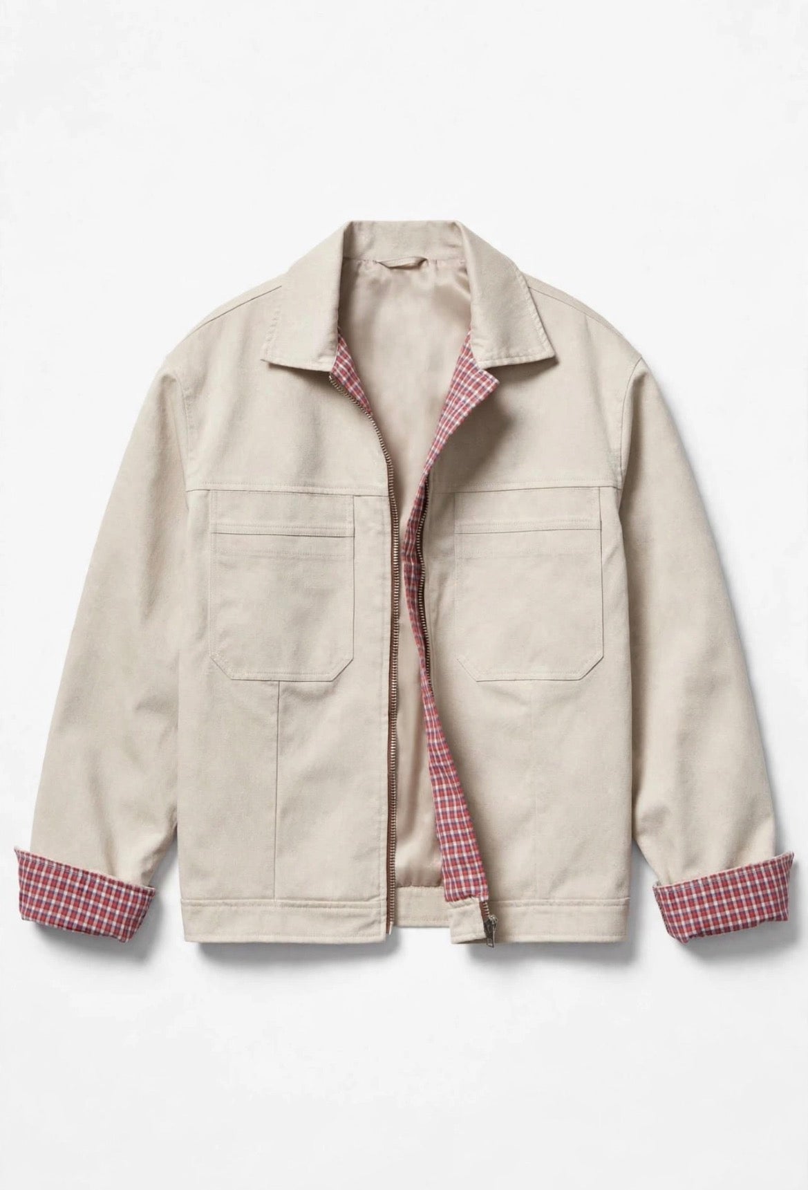 Beige worker jacket-Gingham collared
