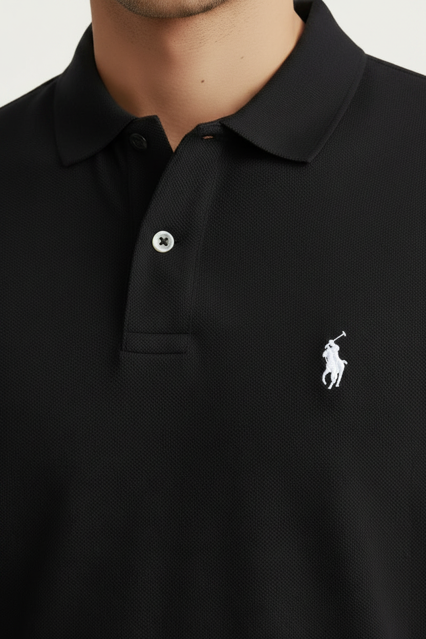 Black Polo Close-up White Logo