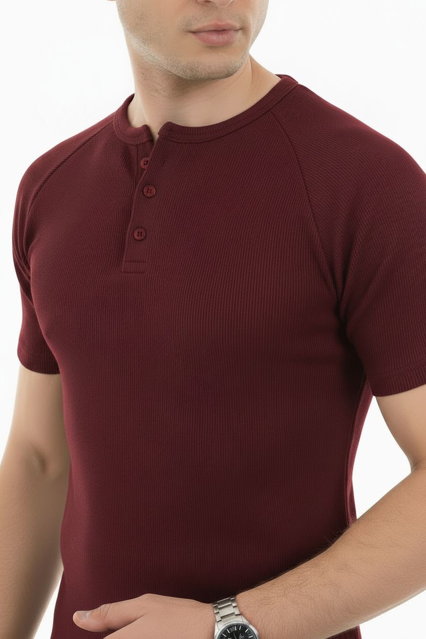 Burgundy Henley shirt - Short sleeve